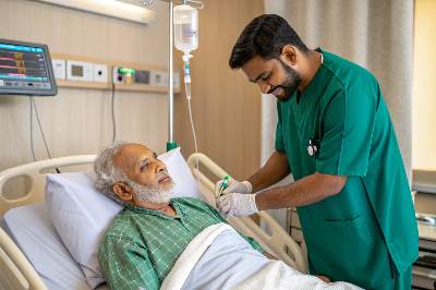 A diploma nurse administering injection on a patient.