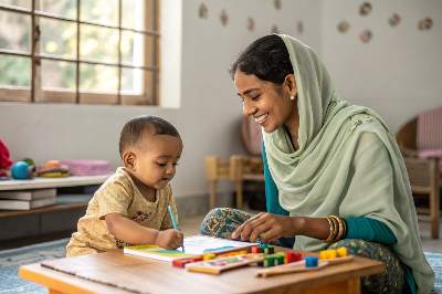 Nanny playing with a baby.
