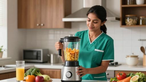 A caregiver blending & preparing food for NG Tube feeding.