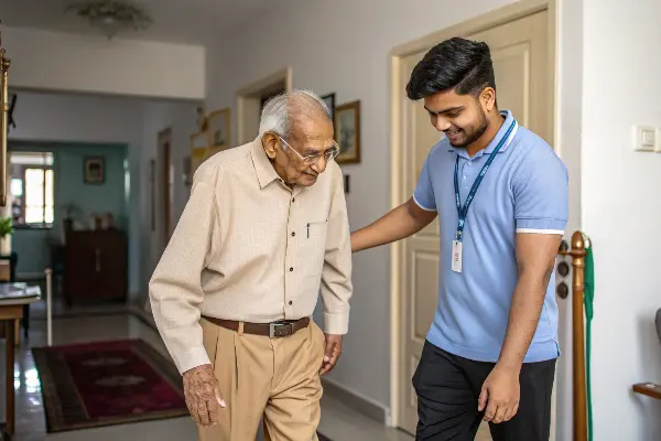 An example of elderly care where a caregiver is helping an elderly walk to bathroom.