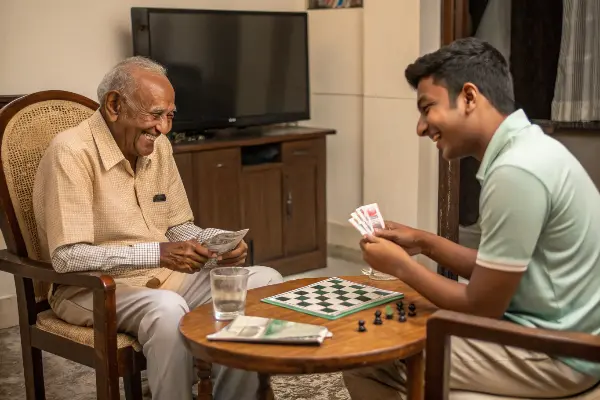 Example of recreational activities part of elderly care where a caregiver is playing cards with the elderly.