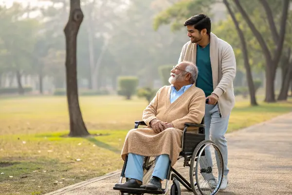 Caregiver is taking an elderly to outside for fresh air